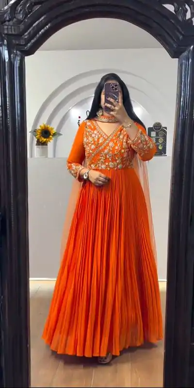 PC 421 Orange Color Fox Georgette Embroidery Sequence Gown Casual, Party Wear, Events, Festivals Wear Expected Delivery 4-6 Working Days @1629/- | Bollywood Gowns, Creative Gowns, Designer Gowns, Embroidered Gowns, Gowns, Party Wear Gowns