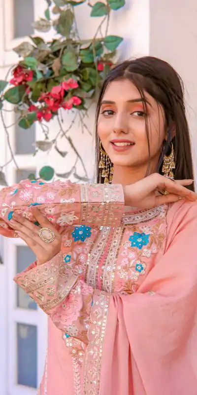 AD 140 Peach Color Chinon Silk Diamond Work Sharara Suit Casual, Wedding, Party, Festive, Events Etc. Expected Delivery 4-6 Working Days @2599/- | Casual Suits, Jump Suits, Creative suits, Designer Suits, Palazzo Suits, Party Wear Suits, Patiala Suits, Salwar suit, Straight Suits