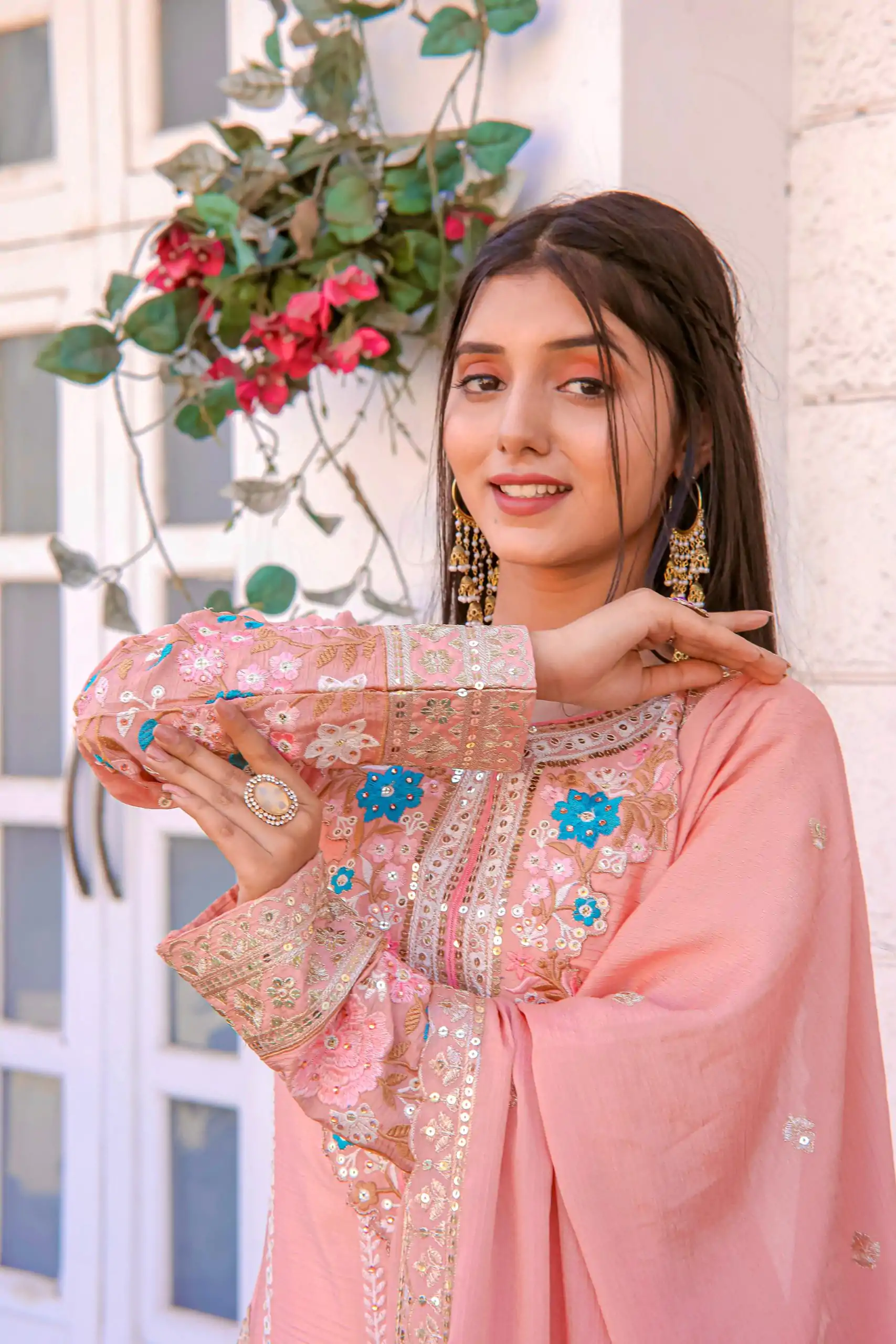 AD 140 Peach Color Chinon Silk Diamond  Work Sharara Suit Casual, Wedding, Party, Festive, Events Etc. Expected Delivery 4-6 Working Days @2599/- | Casual Suits, Jump Suits, Creative suits, Designer Suits, Palazzo Suits, Party Wear Suits, Patiala Suits, Salwar suit, Straight Suits