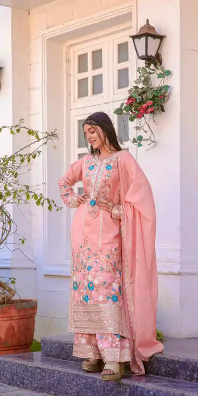 AD 140 Peach Color Chinon Silk Diamond Work Sharara Suit Casual, Wedding, Party, Festive, Events Etc. Expected Delivery 4-6 Working Days @2599/- | Casual Suits, Jump Suits, Creative suits, Designer Suits, Palazzo Suits, Party Wear Suits, Patiala Suits, Salwar suit, Straight Suits