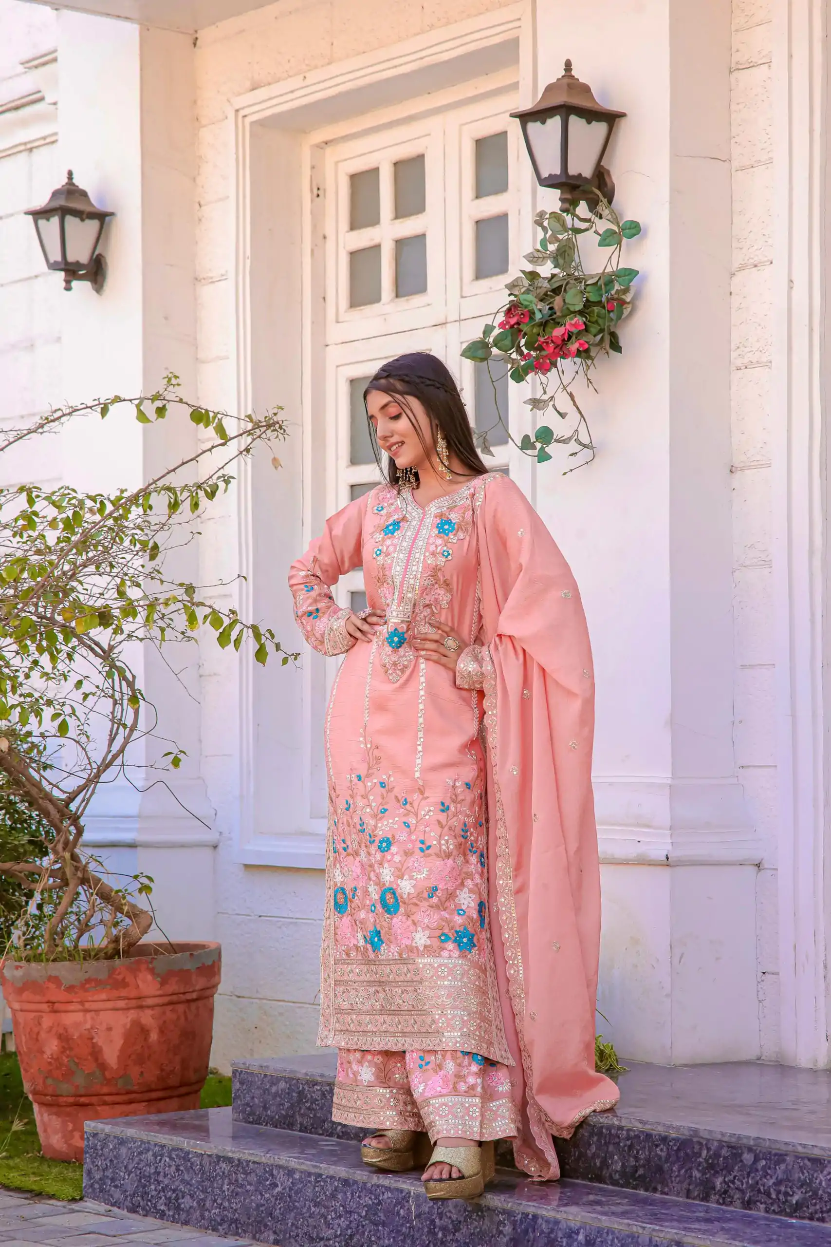 AD 140 Peach Color Chinon Silk Diamond  Work Sharara Suit Casual, Wedding, Party, Festive, Events Etc. Expected Delivery 4-6 Working Days @2599/- | Casual Suits, Jump Suits, Creative suits, Designer Suits, Palazzo Suits, Party Wear Suits, Patiala Suits, Salwar suit, Straight Suits