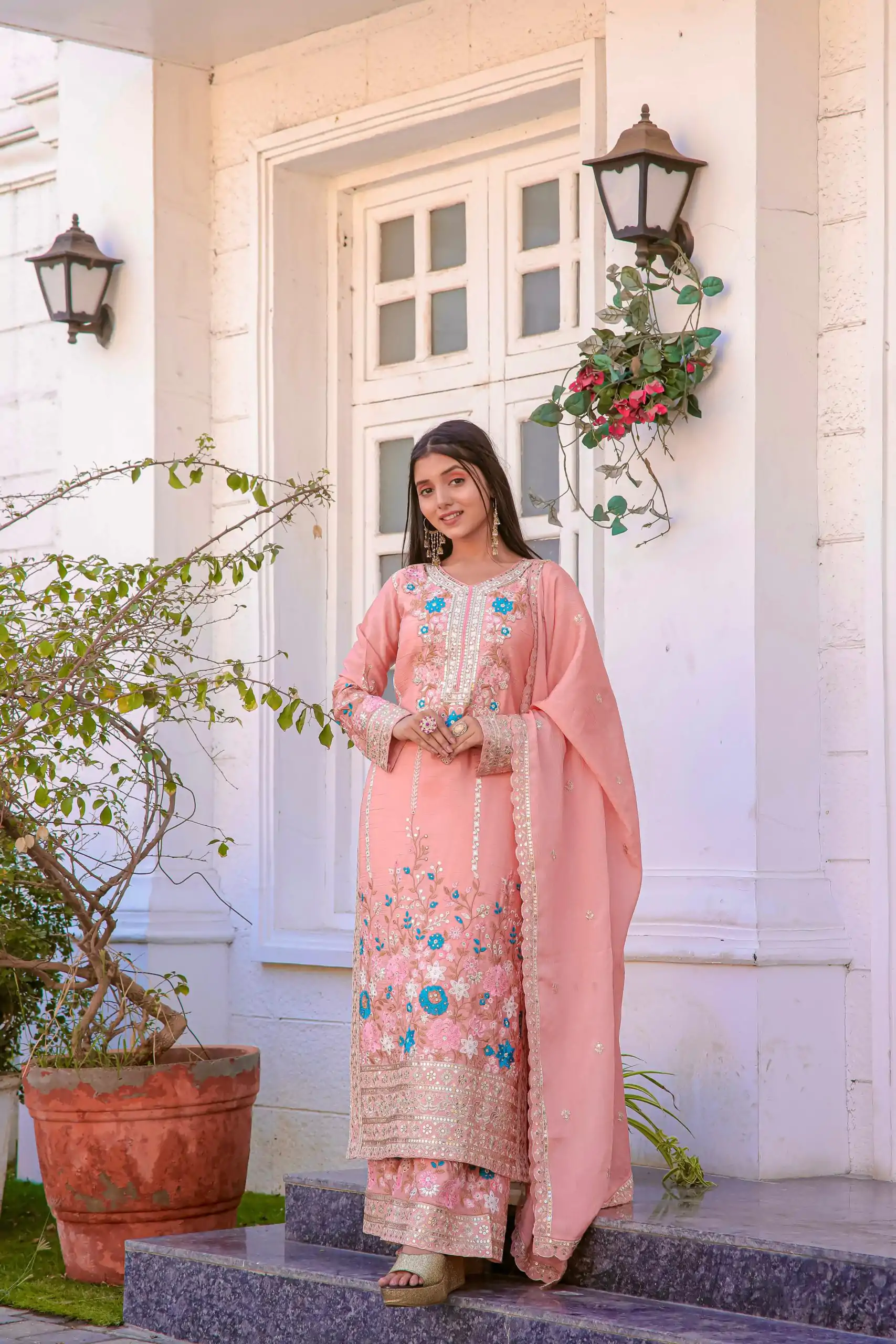 AD 140 Peach Color Chinon Silk Diamond  Work Sharara Suit Casual, Wedding, Party, Festive, Events Etc. Expected Delivery 4-6 Working Days @2599/- | Casual Suits, Jump Suits, Creative suits, Designer Suits, Palazzo Suits, Party Wear Suits, Patiala Suits, Salwar suit, Straight Suits
