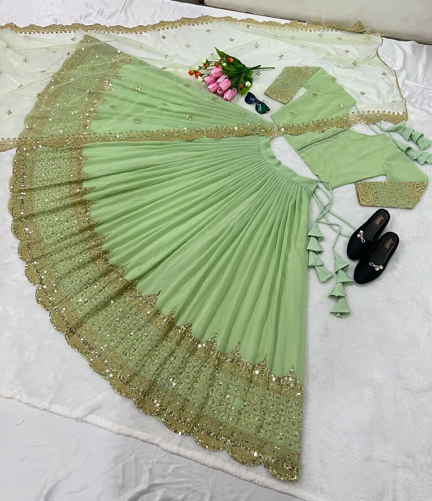 ZF 204 Pista Color Faux Georgette Heavy Embroidery Sequence Work Lehenga Choli Wedding, Party, Events Etc. Expected Delivery 4-6 Working Days 1899/- | Creative Lehenga, Bollywood Lehenga, Designer Lehenga, Embroidered Lehenga, Lehenga, Party Wear Lehenga