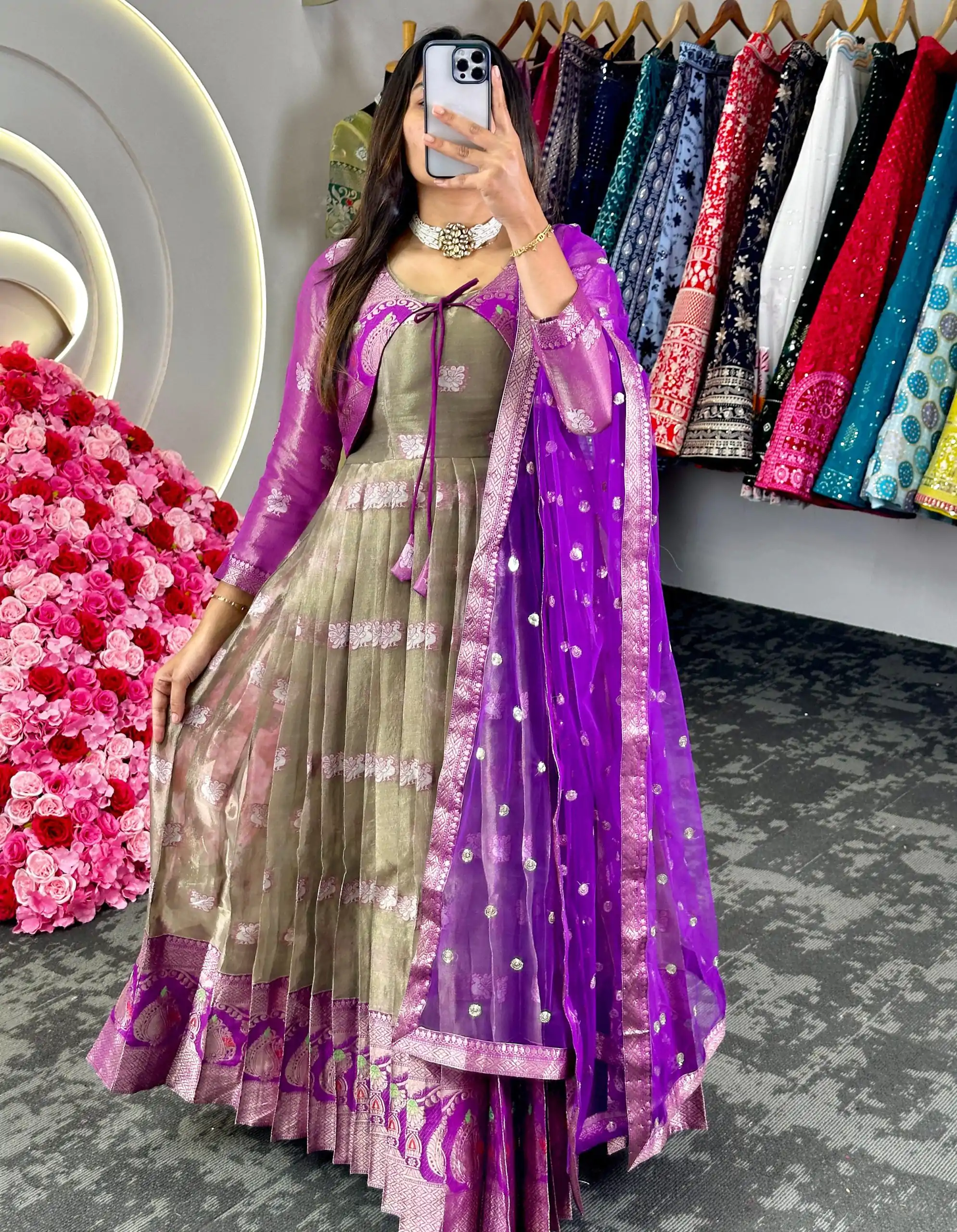 KD 8074 Purple Color Kota Silk Weaving Jacquard With Koti Gown Casual, Party, Wedding, Festive, Events Etc.  Expected Delivery  4-6 Working Days @2099/- Only | Bollywood Gowns, Creative Gowns, Designer Gowns, Embroidered Gowns, Gowns, Party Wear Gowns
