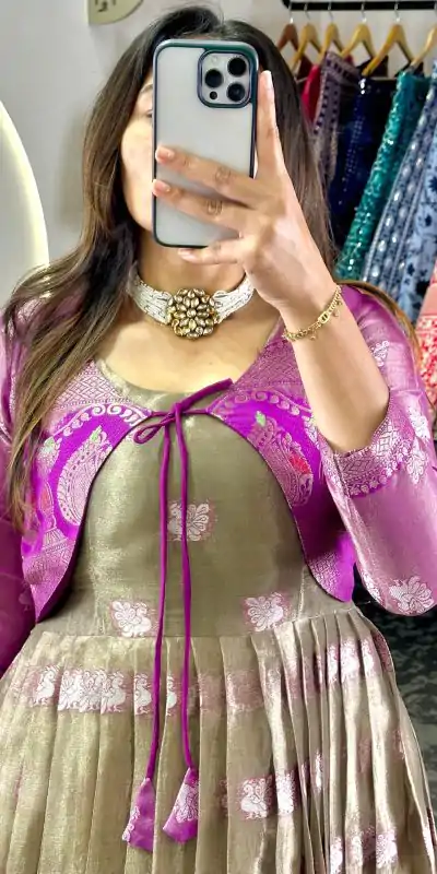 KD 8074 Purple Color Kota Silk Weaving Jacquard With Koti Gown Casual, Party, Wedding, Festive, Events Etc. Expected Delivery 4-6 Working Days @2099/- Only | Bollywood Gowns, Creative Gowns, Designer Gowns, Embroidered Gowns, Gowns, Party Wear Gowns