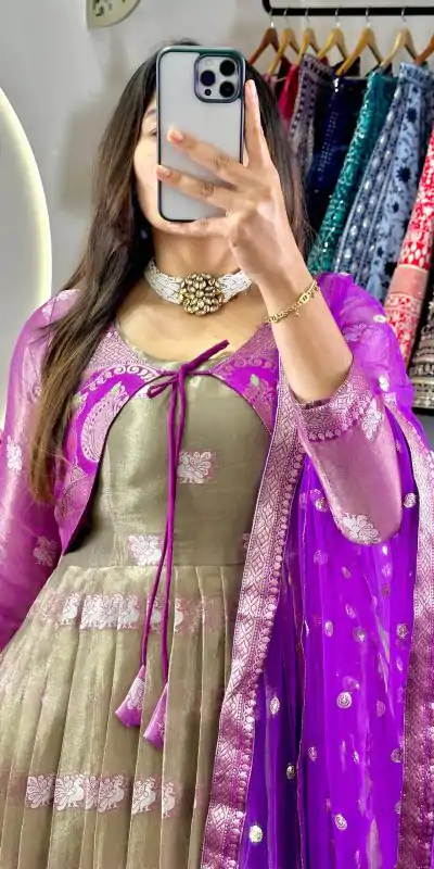 KD 8074 Purple Color Kota Silk Weaving Jacquard With Koti Gown Casual, Party, Wedding, Festive, Events Etc. Expected Delivery 4-6 Working Days @2099/- Only | Bollywood Gowns, Creative Gowns, Designer Gowns, Embroidered Gowns, Gowns, Party Wear Gowns