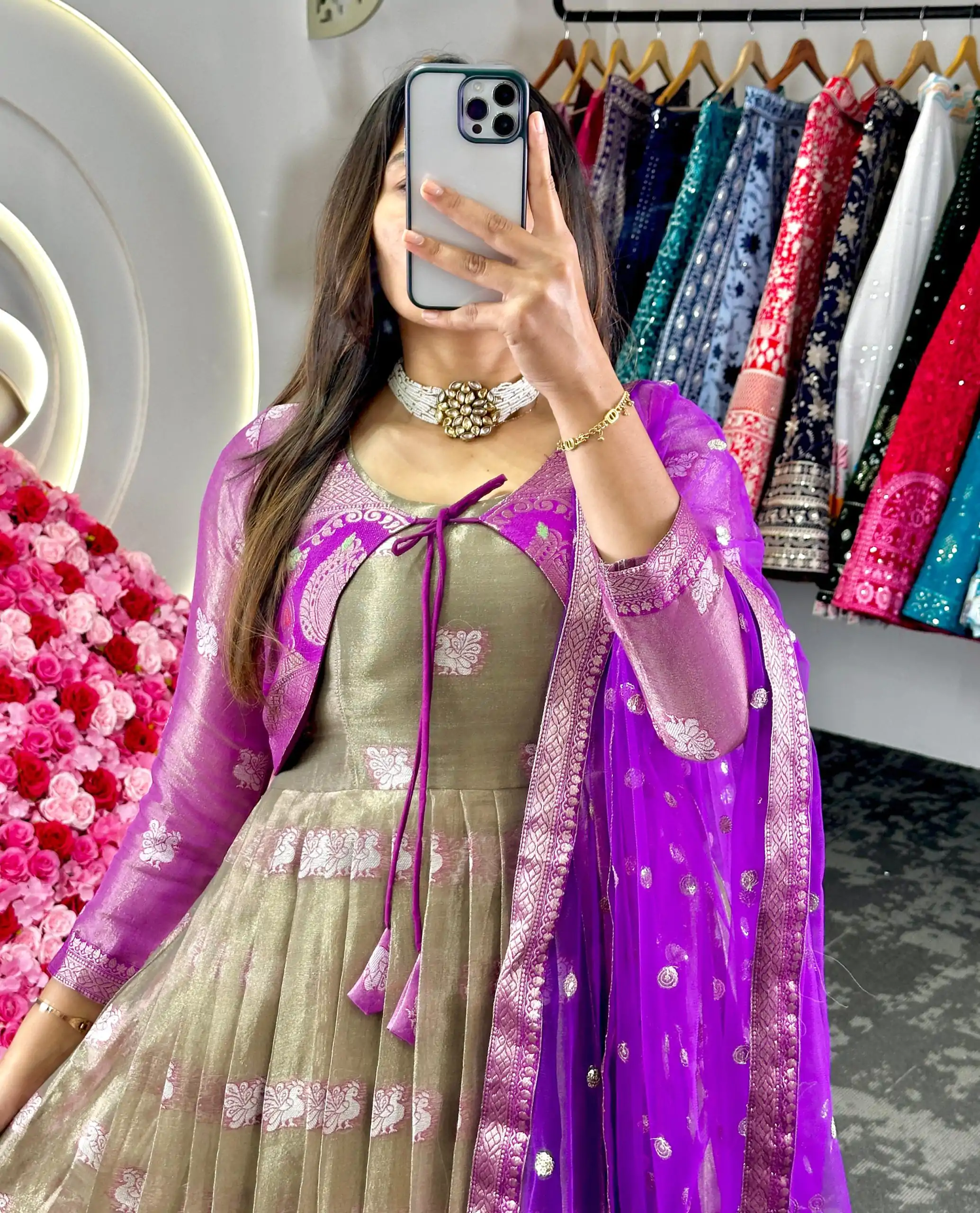 KD 8074 Purple Color Kota Silk Weaving Jacquard With Koti Gown Casual, Party, Wedding, Festive, Events Etc.  Expected Delivery  4-6 Working Days @2099/- Only | Bollywood Gowns, Creative Gowns, Designer Gowns, Embroidered Gowns, Gowns, Party Wear Gowns