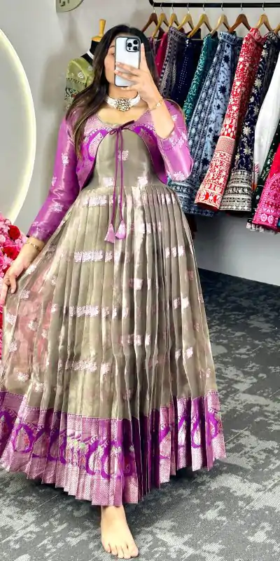 KD 8074 Purple Color Kota Silk Weaving Jacquard With Koti Gown Casual, Party, Wedding, Festive, Events Etc. Expected Delivery 4-6 Working Days @2099/- Only | Bollywood Gowns, Creative Gowns, Designer Gowns, Embroidered Gowns, Gowns, Party Wear Gowns
