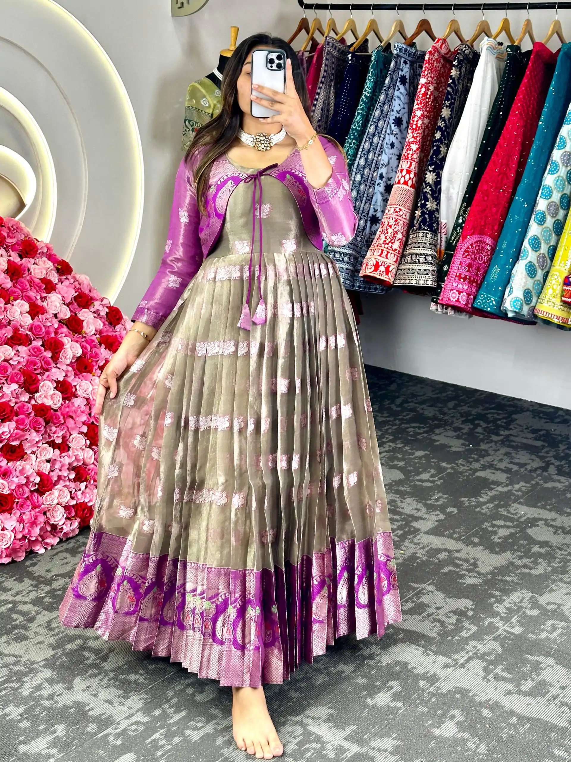 KD 8074 Purple Color Kota Silk Weaving Jacquard With Koti Gown Casual, Party, Wedding, Festive, Events Etc.  Expected Delivery  4-6 Working Days @2099/- Only | Bollywood Gowns, Creative Gowns, Designer Gowns, Embroidered Gowns, Gowns, Party Wear Gowns