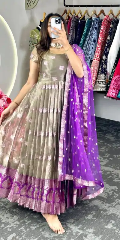 KD 8074 Purple Color Kota Silk Weaving Jacquard With Koti Gown Casual, Party, Wedding, Festive, Events Etc. Expected Delivery 4-6 Working Days @2099/- Only | Bollywood Gowns, Creative Gowns, Designer Gowns, Embroidered Gowns, Gowns, Party Wear Gowns