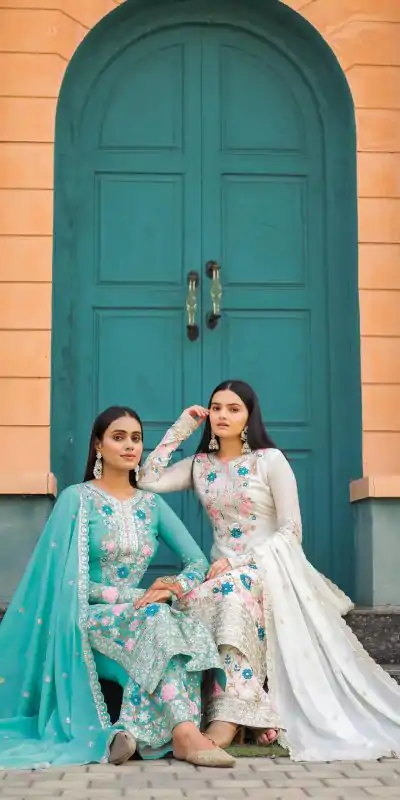 AD 140 White Color Chinon Silk Diamond Work Sharara Suit Casual, Wedding, Party, Festive, Events Etc. Expected Delivery 4-6 Working Days @2599/- | Casual Suits, Jump Suits, Creative suits, Designer Suits, Palazzo Suits, Party Wear Suits, Patiala Suits, Salwar suit, Straight Suits