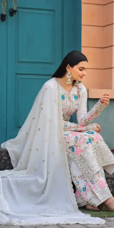 AD 140 White Color Chinon Silk Diamond Work Sharara Suit Casual, Wedding, Party, Festive, Events Etc. Expected Delivery 4-6 Working Days @2599/- | Casual Suits, Jump Suits, Creative suits, Designer Suits, Palazzo Suits, Party Wear Suits, Patiala Suits, Salwar suit, Straight Suits