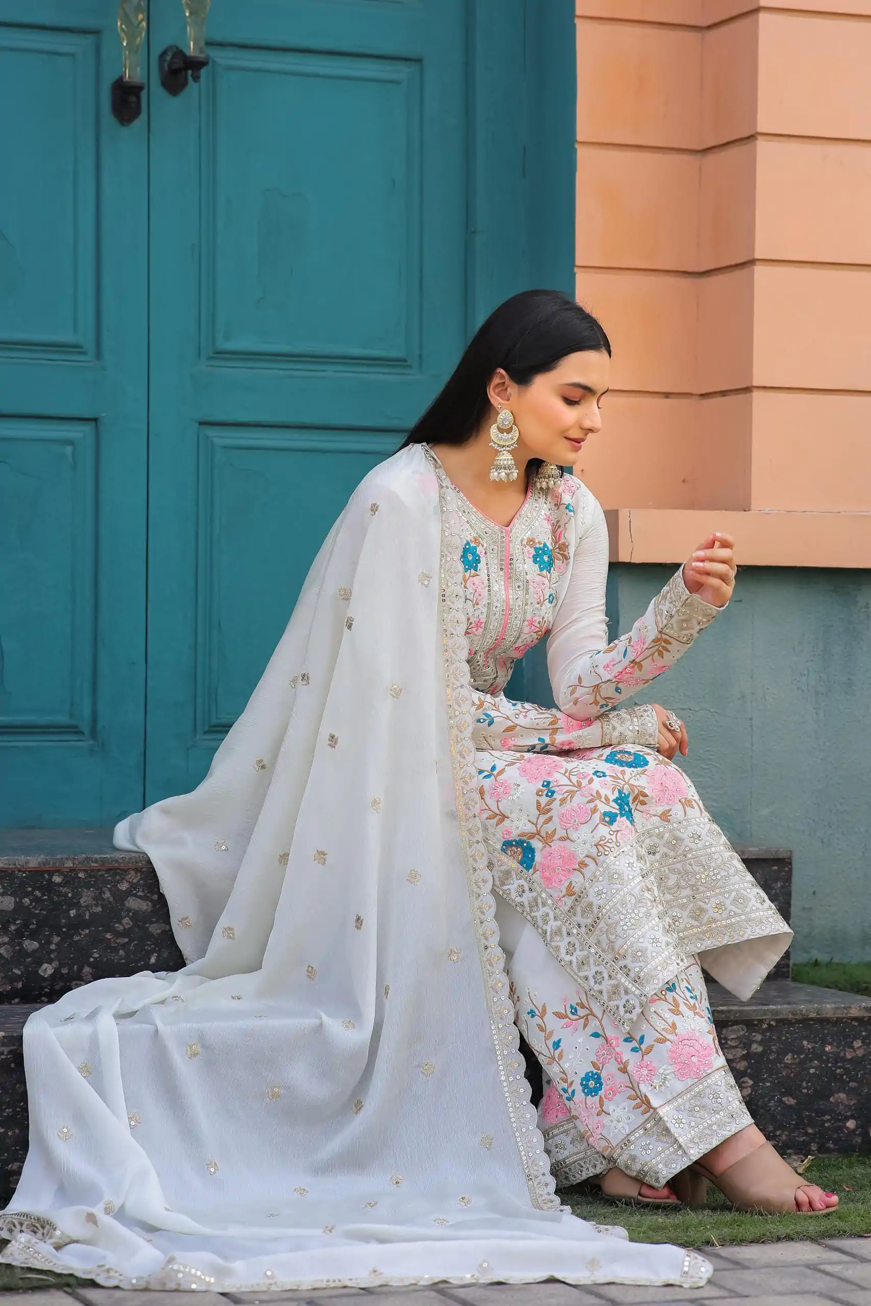 AD 140 White Color Chinon Silk Diamond  Work Sharara Suit Casual, Wedding, Party, Festive, Events Etc. Expected Delivery 4-6 Working Days @2599/- | Casual Suits, Jump Suits, Creative suits, Designer Suits, Palazzo Suits, Party Wear Suits, Patiala Suits, Salwar suit, Straight Suits