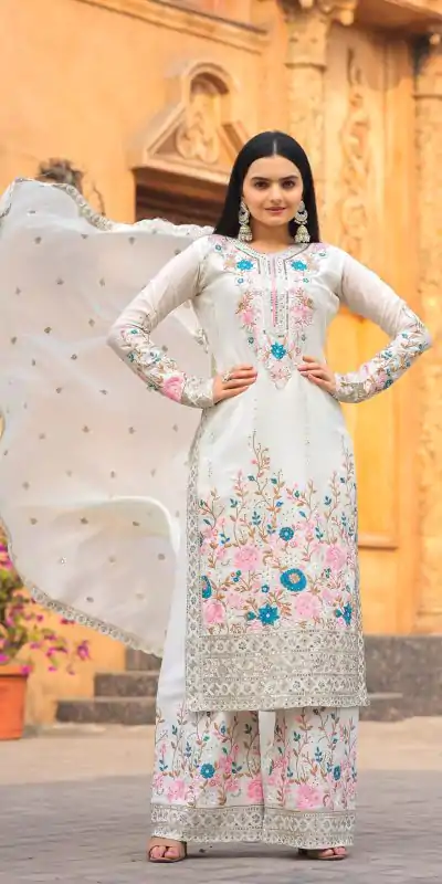 AD 140 White Color Chinon Silk Diamond Work Sharara Suit Casual, Wedding, Party, Festive, Events Etc. Expected Delivery 4-6 Working Days @2599/- | Casual Suits, Jump Suits, Creative suits, Designer Suits, Palazzo Suits, Party Wear Suits, Patiala Suits, Salwar suit, Straight Suits