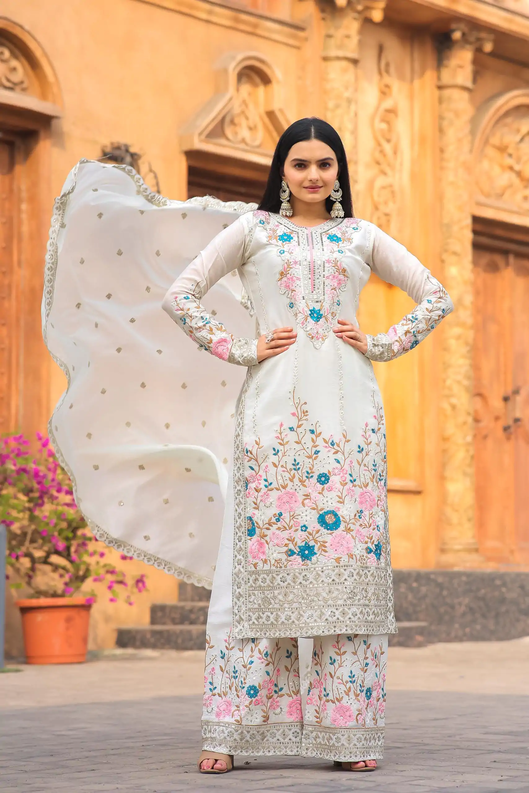 AD 140 White Color Chinon Silk Diamond  Work Sharara Suit Casual, Wedding, Party, Festive, Events Etc. Expected Delivery 4-6 Working Days @2599/- | Casual Suits, Jump Suits, Creative suits, Designer Suits, Palazzo Suits, Party Wear Suits, Patiala Suits, Salwar suit, Straight Suits