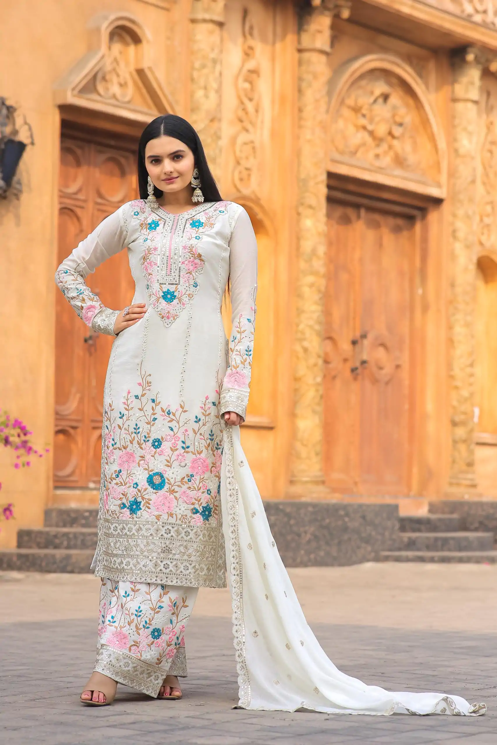 AD 140 White Color Chinon Silk Diamond  Work Sharara Suit Casual, Wedding, Party, Festive, Events Etc. Expected Delivery 4-6 Working Days @2599/- | Casual Suits, Jump Suits, Creative suits, Designer Suits, Palazzo Suits, Party Wear Suits, Patiala Suits, Salwar suit, Straight Suits