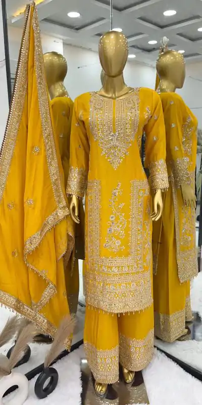 SRK 5146 Yellow Color Pure Chinnon Silk Embroidery Coding Dori Salwar Suit Wedding, Party, Festive, Events Expected Delivery 4-6 Working Days @ 2199/- | Casual Suits, Jump Suits, Creative suits, Designer Suits, Palazzo Suits, Party Wear Suits, Patiala Suits, Salwar suit, Straight Suits