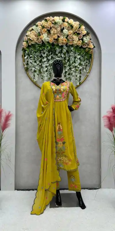 RTC 5541 Yellow Color Georgette Embroidery Real Mirror Salwar Suit Wedding, Party, Festive, Events Etc. Expected Delivery 4-6 Working Days @1599/- | Casual Suits, Jump Suits, Creative suits, Designer Suits, Palazzo Suits, Party Wear Suits, Patiala Suits, Salwar suit, Straight Suits