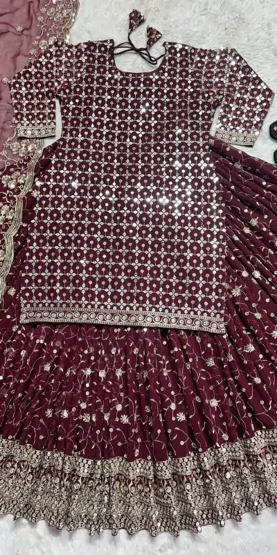 MF 418 Maroon Color Sequence Multi Needle Work Lehenga Choli Wedding, Party, Festive, Events Etc. Expected 4-6 Working Days @2199/- | Casual Suits, Creative suits, Designer Suits, Palazzo Suits, Party Wear Suits, Patiala Suits, Salwar suit, Straight Suits