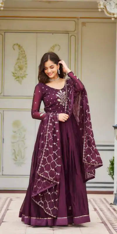 Ram 022 Purple Color Rangoli Sequence Embroidery Gown Casual, Wedding, Festive, Events Expected Delivery 4-6 Working Days @2099/- | Bollywood Gowns, Creative Gowns, Designer Gowns, Embroidered Gowns, Gowns, Party Wear Gowns