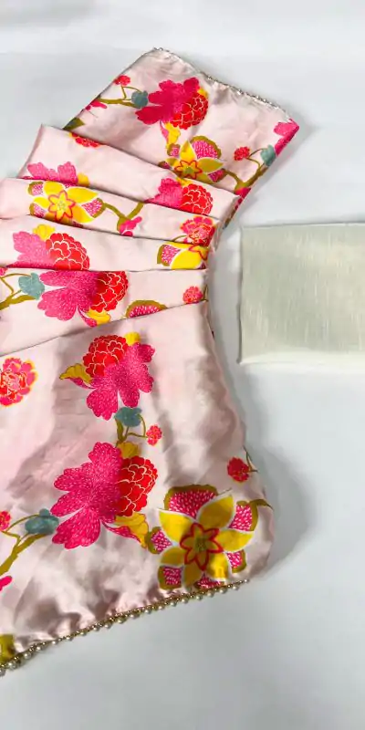 YNF 7028 Peach Color Satin Silk Floral Printed Lace Border Work Saree Casual Party Wear, Wedding, Events Etc. Expected Delivery 4-6 Working Days @1599/- | Embroidered Sarees, Bollywood Sarees, Creative Sarees, Designer Sarees, Ethnic Saree, Modern Digital sarees, Party Wear Sarees, Sarees