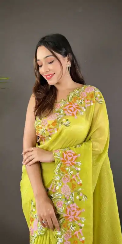 BT 3117 Parrot Green Color Soft Glossy Silk Embroidery Saree Casual, Party Wear, Traditional Wear, Wedding Wear, Events Etc.@1999/- | Bollywood Sarees, Creative Sarees, Designer Sarees, Ethnic Saree, Modern Digital sarees, Party Wear Sarees, Sarees