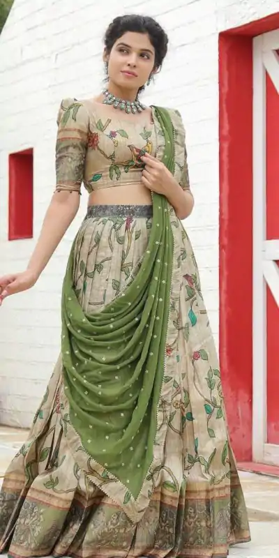 PC 337 Chiku Color Malhari Silk Kalamkari Printed Lehenga Choli Casual, Party Wear, Events, Festivals Wear Expected Delivery 4-6 Working Days @2099/- | Creative Lehenga, Bollywood Lehenga, Designer Lehenga, Embroidered Lehenga, Lehenga, Party Wear Lehenga