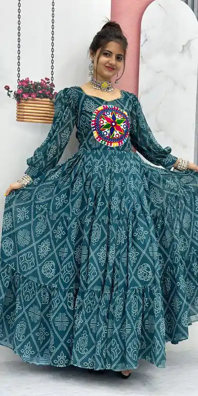 PC N02 Green Color Bandhani Printed Gamathi Mirror Work Gown Casual, Party Wear, Events, Festivals Wear Expected Delivery 4-6 Working Days @1929/- | Bollywood Gowns, Creative Gowns, Designer Gowns, Embroidered Gowns, Gowns, Party Wear Gowns