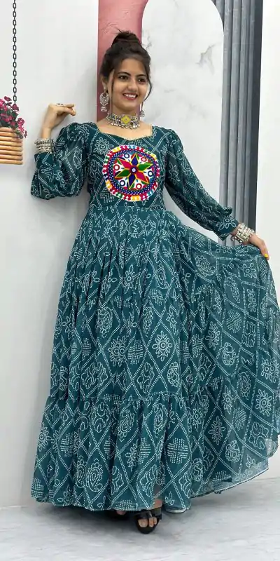 PC N02 Green Color Bandhani Printed Gamathi Mirror Work Gown Casual, Party Wear, Events, Festivals Wear Expected Delivery 4-6 Working Days @1929/- | Bollywood Gowns, Creative Gowns, Designer Gowns, Embroidered Gowns, Gowns, Party Wear Gowns