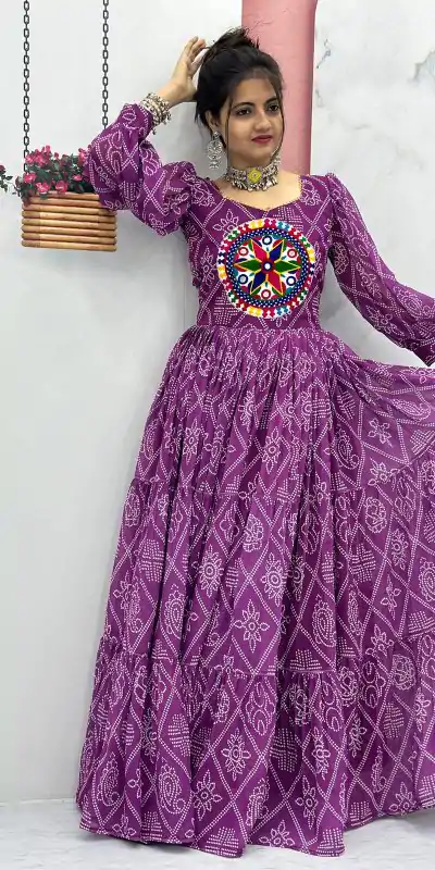 PC N02 Purple Color Bandhani Printed Gamathi Mirror Work Gown Casual, Party Wear, Events, Festivals Wear Expected Delivery 4-6 Working Days @1929/- | Bollywood Gowns, Creative Gowns, Designer Gowns, Embroidered Gowns, Gowns, Party Wear Gowns