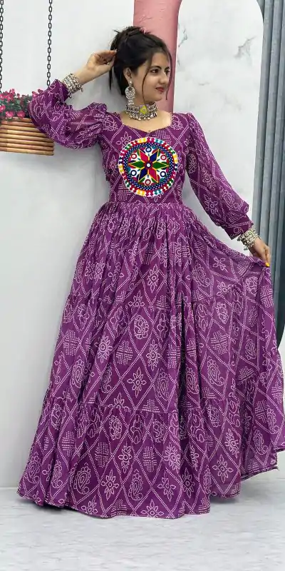 PC N02 Purple Color Bandhani Printed Gamathi Mirror Work Gown Casual, Party Wear, Events, Festivals Wear Expected Delivery 4-6 Working Days @1929/- | Bollywood Gowns, Creative Gowns, Designer Gowns, Embroidered Gowns, Gowns, Party Wear Gowns