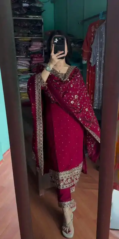 SRK 5174 Maroon Color Chinnon Coding Coding Salwar Suit Casual, Wedding, Party, Festive, Events Etc. Expected Delivery 4-6 Working Days @1999/- | Casual Suits, Jump Suits, Creative suits, Designer Suits, Palazzo Suits, Party Wear Suits, Patiala Suits, Salwar suit, Straight Suits
