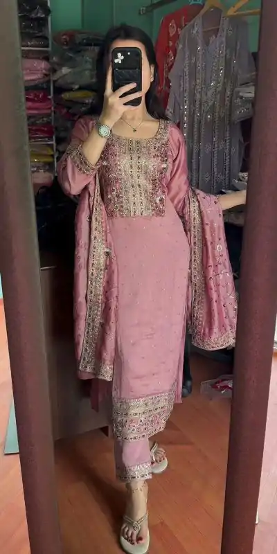 SRK 5174 Pink Color Chinnon Coding Coding Salwar Suit Casual, Wedding, Party, Festive, Events Etc. Expected Delivery 4-6 Working Days @1999/- | Casual Suits, Jump Suits, Creative suits, Designer Suits, Palazzo Suits, Party Wear Suits, Patiala Suits, Salwar suit, Straight Suits