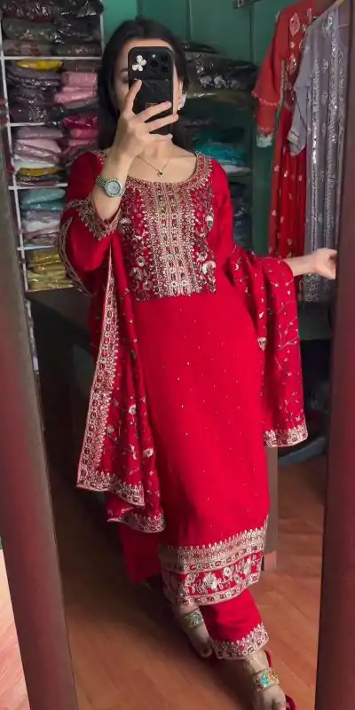 SRK 5174 Red Color Chinnon Coding Coding Salwar Suit Casual, Wedding, Party, Festive, Events Etc. Expected Delivery 4-6 Working Days @1999/- | Casual Suits, Jump Suits, Creative suits, Designer Suits, Palazzo Suits, Party Wear Suits, Patiala Suits, Salwar suit, Straight Suits