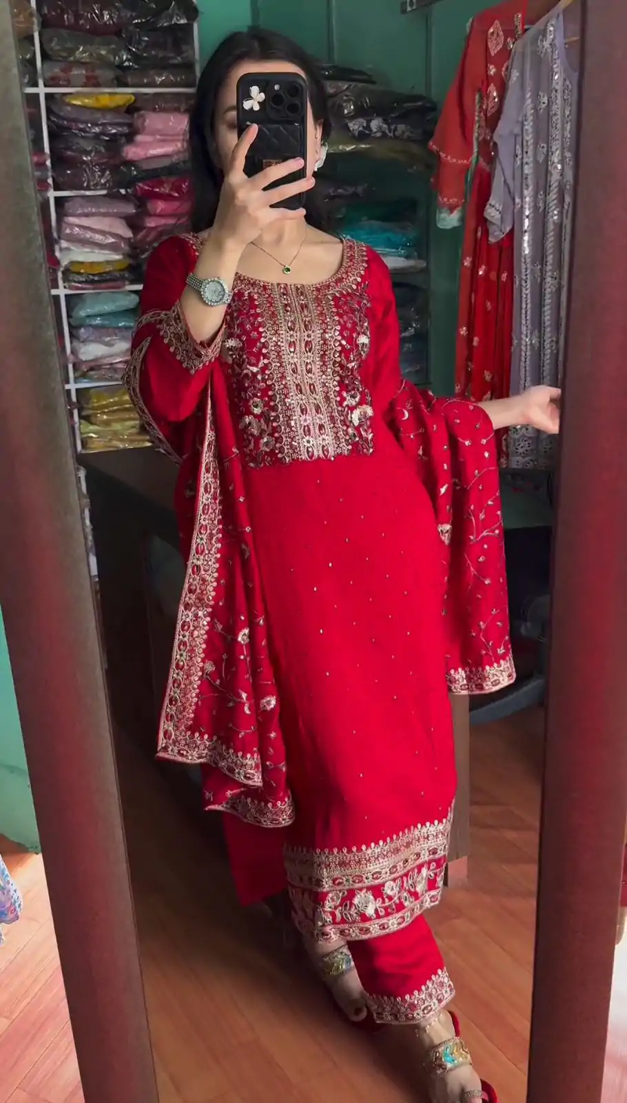 SRK 5174 Red Color Chinnon Coding Coding Salwar Suit Casual, Wedding, Party, Festive, Events Etc. Expected Delivery 4-6 Working Days @1999/- | Casual Suits, Jump Suits, Creative suits, Designer Suits, Palazzo Suits, Party Wear Suits, Patiala Suits, Salwar suit, Straight Suits