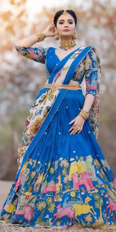 PC 357 Blue  Color Chant Crepe Kalamkari Printed Lehenga Choli Casual, Party Wear, Events, Festivals Wear Expected Delivery 4-6 Working Days @2099/- | Creative Lehenga, Bollywood Lehenga, Designer Lehenga, Embroidered Lehenga, Lehenga, Party Wear Lehenga