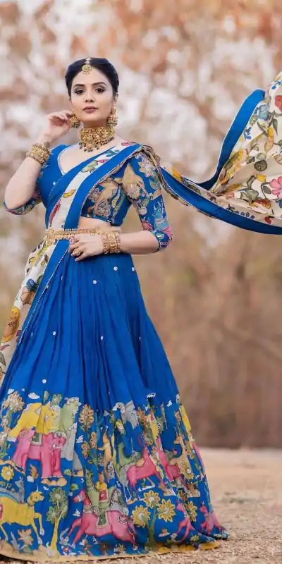 PC 357 Blue  Color Chant Crepe Kalamkari Printed Lehenga Choli Casual, Party Wear, Events, Festivals Wear Expected Delivery 4-6 Working Days @2099/- | Creative Lehenga, Bollywood Lehenga, Designer Lehenga, Embroidered Lehenga, Lehenga, Party Wear Lehenga