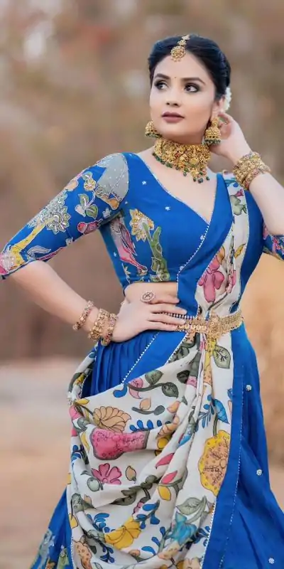 PC 357 Blue  Color Chant Crepe Kalamkari Printed Lehenga Choli Casual, Party Wear, Events, Festivals Wear Expected Delivery 4-6 Working Days @2099/- | Creative Lehenga, Bollywood Lehenga, Designer Lehenga, Embroidered Lehenga, Lehenga, Party Wear Lehenga