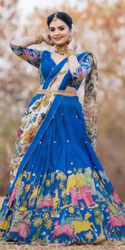 PC 357 Blue  Color Chant Crepe Kalamkari Printed Lehenga Choli Casual, Party Wear, Events, Festivals Wear Expected Delivery 4-6 Working Days @2099/- | Creative Lehenga, Bollywood Lehenga, Designer Lehenga, Embroidered Lehenga, Lehenga, Party Wear Lehenga