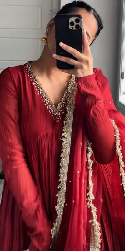 AD 152 Red Color Pure Chinon Silk Embroidery Gown Fancy Full Sleeve Wedding, Party, Festive, Events Etc. Expected Delivery  4-6 Working Days @1799/ | Casual Suits, Jump Suits, Creative suits, Designer Suits, Palazzo Suits, Party Wear Suits, Patiala Suits, Salwar suit, Straight Suits