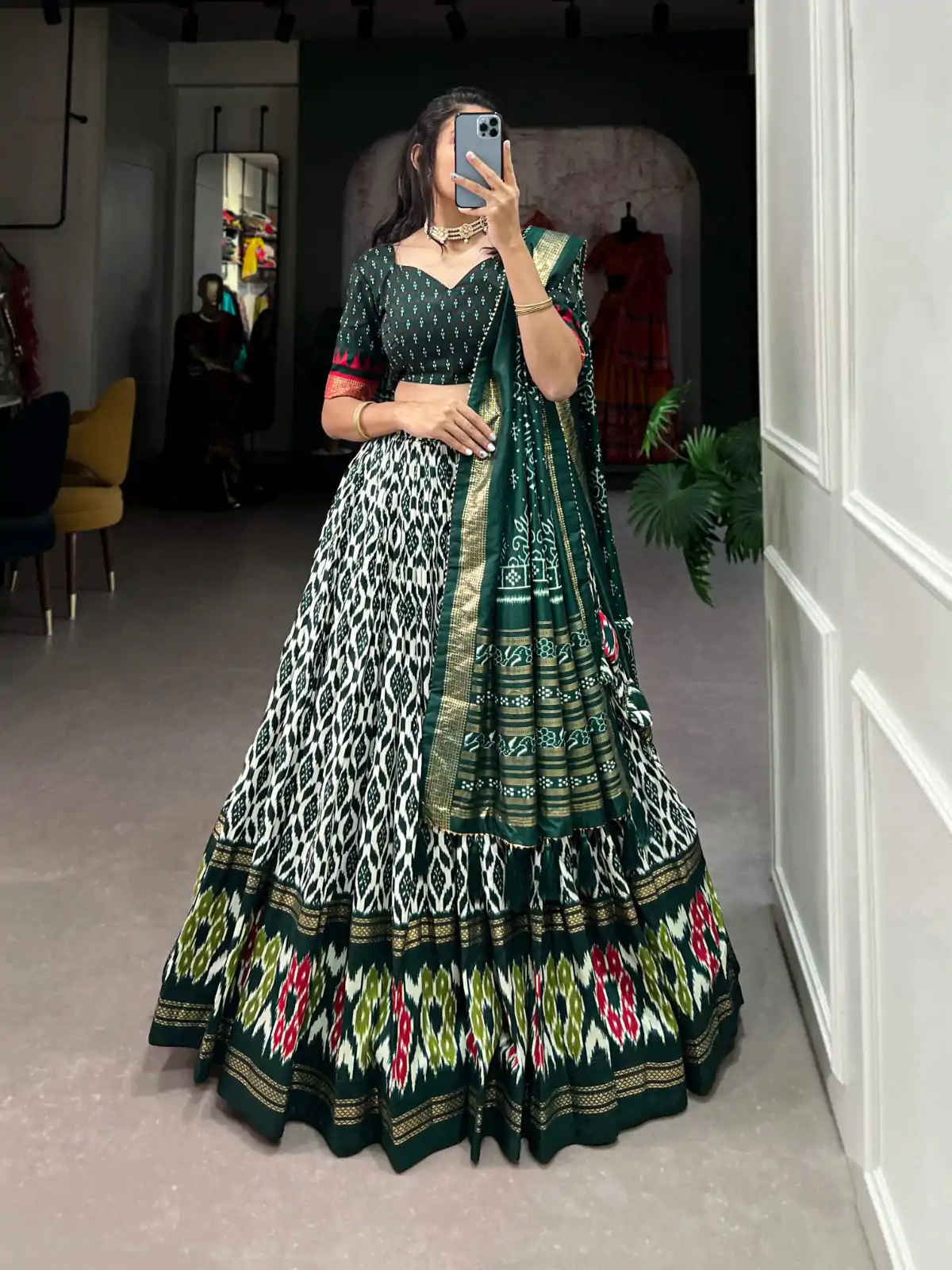 LNB 1223 Green Color Aglow Tussar Silk Ikkat Print Foil Work Lehenga Choli Wedding, Festive, Events Expected Delivery 4-6 Working Days@2449/- Only | Creative Lehenga, Bollywood Lehenga, Designer Lehenga, Embroidered Lehenga, Lehenga, Party Wear Lehenga
