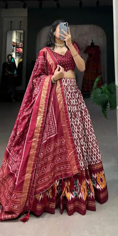 LNB 1223 Maroon Color Aglow Tussar Silk Ikkat Print Foil Work Lehenga Choli Wedding, Festive, Events Expected Delivery 4-6 Working Days@2449/- Only | Creative Lehenga, Bollywood Lehenga, Designer Lehenga, Embroidered Lehenga, Lehenga, Party Wear Lehenga