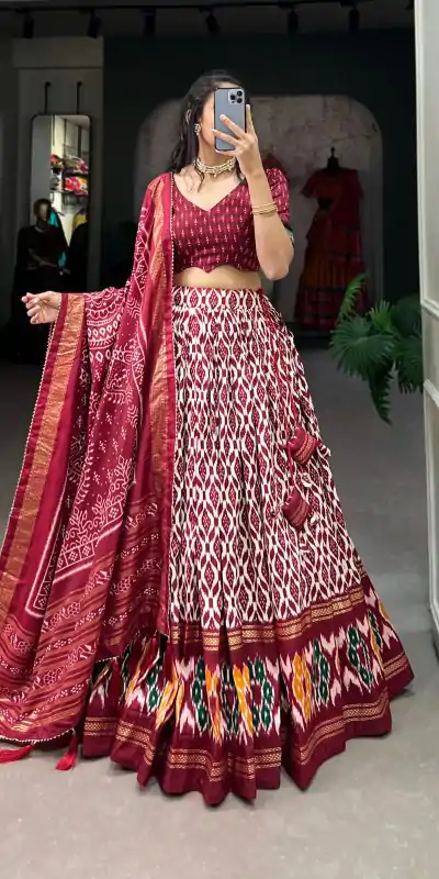 LNB 1223 Maroon Color Aglow Tussar Silk Ikkat Print Foil Work Lehenga Choli Wedding, Festive, Events Expected Delivery 4-6 Working Days@2449/- Only | Creative Lehenga, Bollywood Lehenga, Designer Lehenga, Embroidered Lehenga, Lehenga, Party Wear Lehenga