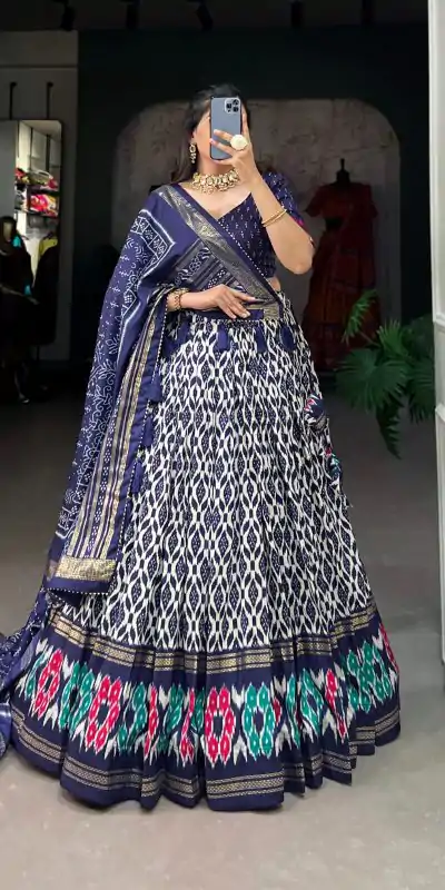 LNB 1223 Navy Blue Color Aglow Tussar Silk Ikkat Print Foil Work Lehenga Choli Wedding, Festive, Events Expected Delivery 4-6 Working Days@2449/- Only | Creative Lehenga, Bollywood Lehenga, Designer Lehenga, Embroidered Lehenga, Lehenga, Party Wear Lehenga