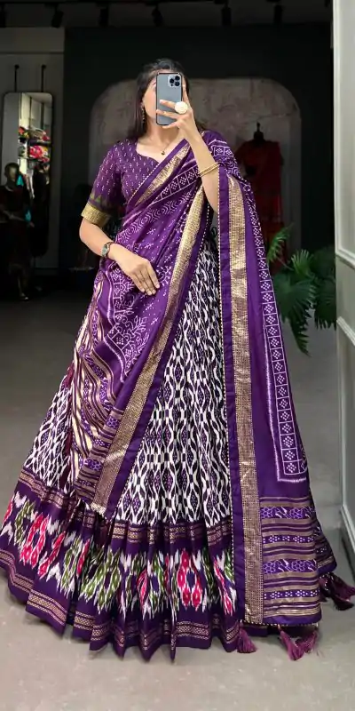 LNB 1223 Purple Color Aglow Tussar Silk Ikkat Print Foil Work Lehenga Choli Wedding, Festive, Events Expected Delivery 4-6 Working Days@2449/- Only | Creative Lehenga, Bollywood Lehenga, Designer Lehenga, Embroidered Lehenga, Lehenga, Party Wear Lehenga