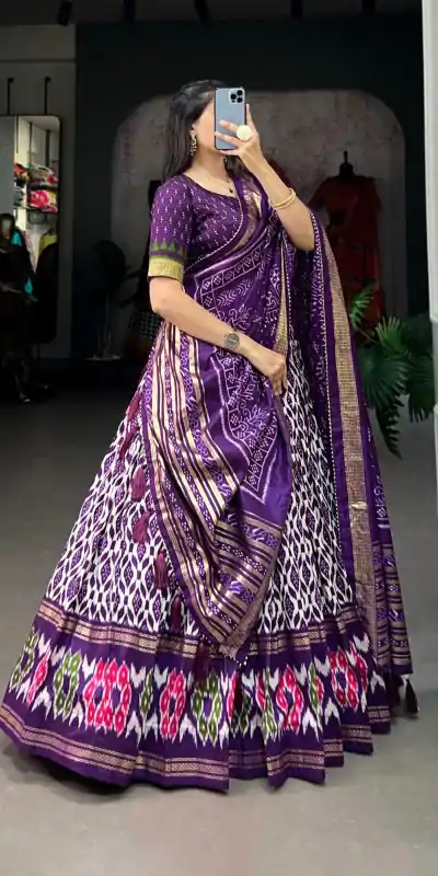 LNB 1223 Purple Color Aglow Tussar Silk Ikkat Print Foil Work Lehenga Choli Wedding, Festive, Events Expected Delivery 4-6 Working Days@2449/- Only | Creative Lehenga, Bollywood Lehenga, Designer Lehenga, Embroidered Lehenga, Lehenga, Party Wear Lehenga