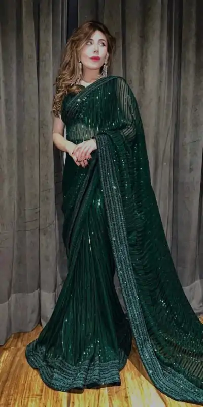 JR-620 Green Sequin Georgette With Embroidery Work Saree Casual, Party Wear, Wedding, Events Etc.4-6 Working Days @ 1748/- only | Embroidered Sarees, Bollywood Sarees, Creative Sarees, Designer Sarees, Ethnic Saree, Modern Digital sarees, Party Wear Sarees, Sarees