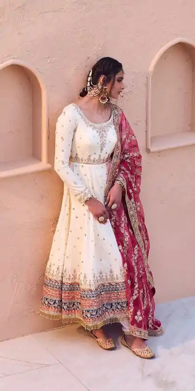 AD 176 White Embroidery With Sequence Work Fancy Latkan Border Gown Wedding Party, Festive, Events Etc. Expected Delivery 4-6 Working Days @3049/- Only | Bollywood Gowns, Creative Gowns, Designer Gowns, Embroidered Gowns, Gowns, Party Wear Gowns