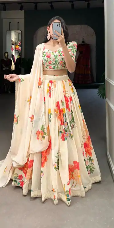 LNB 1021 Cream Color Grand Georgette Floral Printed Lehenga Choli Casual, Wedding, Festive, Events Expected Delivery 4-6 Working Days @2099/- | Creative Lehenga, Bollywood Lehenga, Designer Lehenga, Embroidered Lehenga, Lehenga, Party Wear Lehenga
