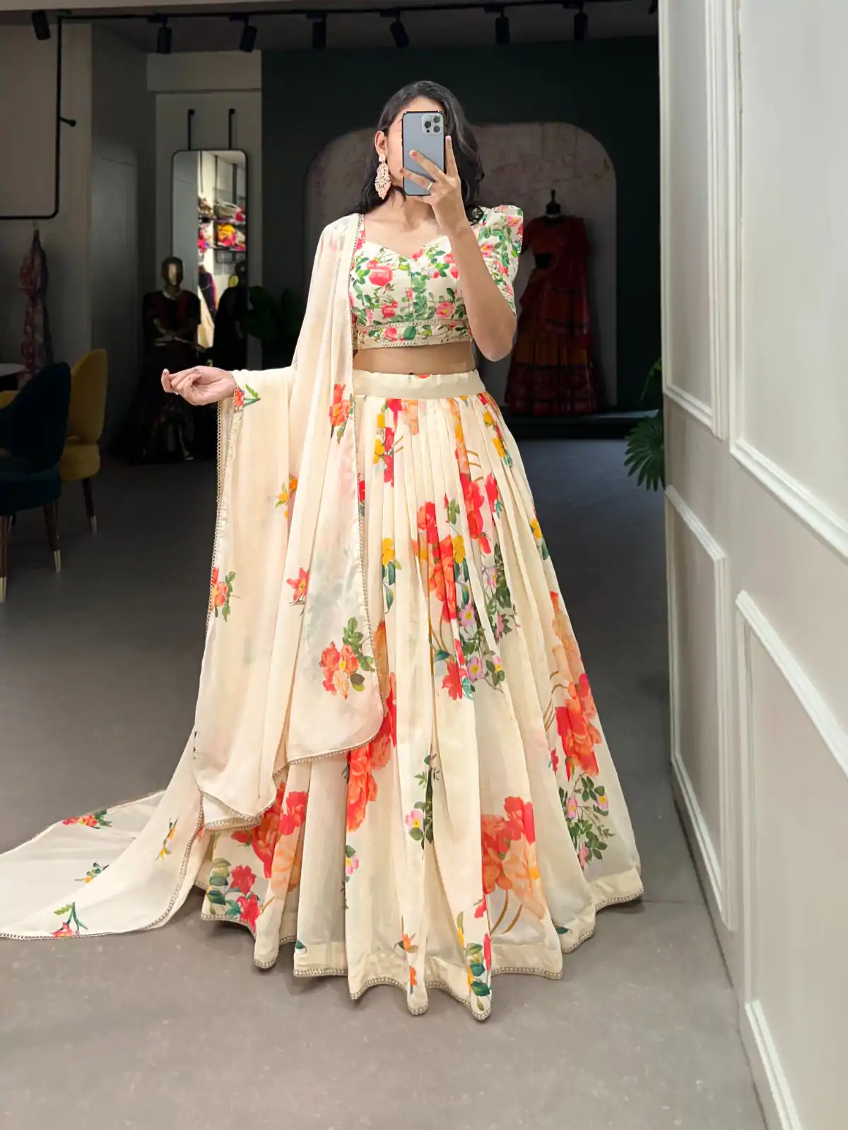 LNB 1021 Cream Color Grand Georgette Floral Printed Lehenga Choli Casual, Wedding, Festive, Events Expected Delivery 4-6 Working Days @2099/- | Creative Lehenga, Bollywood Lehenga, Designer Lehenga, Embroidered Lehenga, Lehenga, Party Wear Lehenga